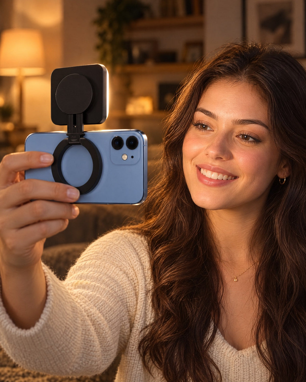 A woman filming a selfie in a warm room, the MagSafe Selfie Light on the back of her phone lighting her face